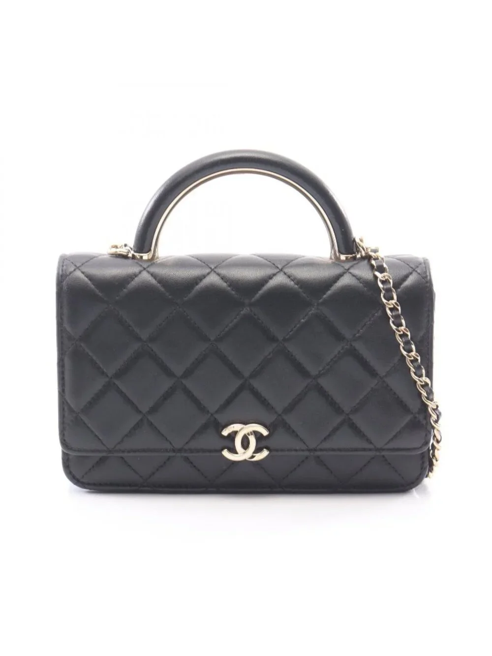 Chanel Shoulder Bag Quilted Top Handle 2-Way Black Lambskin Chain Wallet
